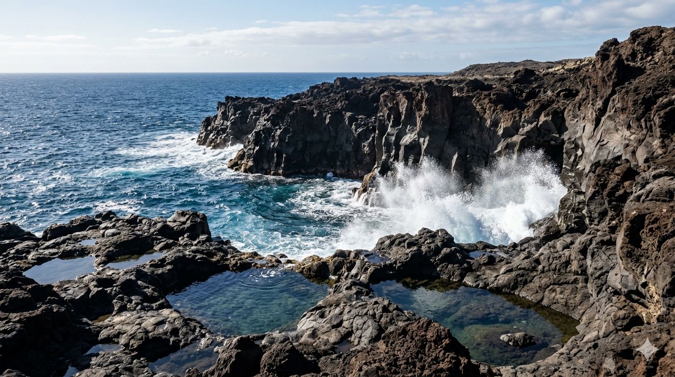 Wilde Vulkanküste auf El Hierro mit natürlichen Felsenpools und tosender Gischt