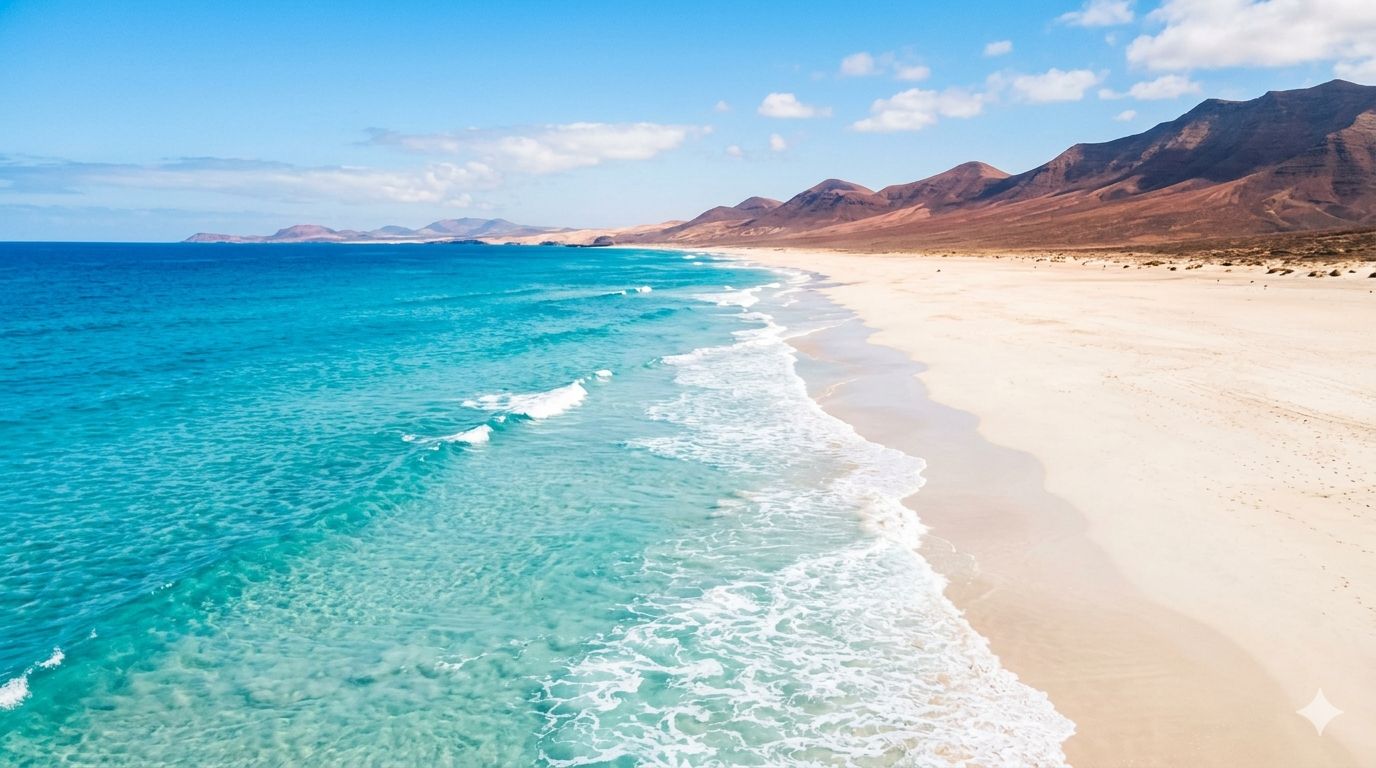 Traumhafter, heller Sandstrand und türkisfarbenes Meer auf Fuerteventura