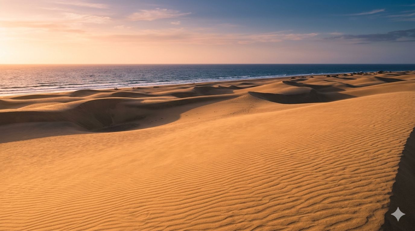 Die endlosen, goldenen Sanddünen von Maspalomas auf Gran Canaria bei warmem Abendlicht