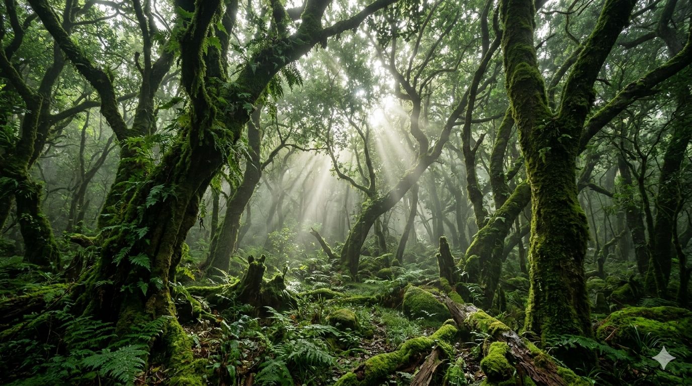 Sonnenstrahlen fallen durch das dichte, mystische Kronendach des Lorbeerwaldes auf La Gomera