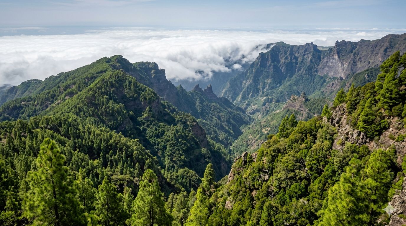 Spektakulärer Blick über die tiefen, grünen Täler und Kiefernwälder von La Palma