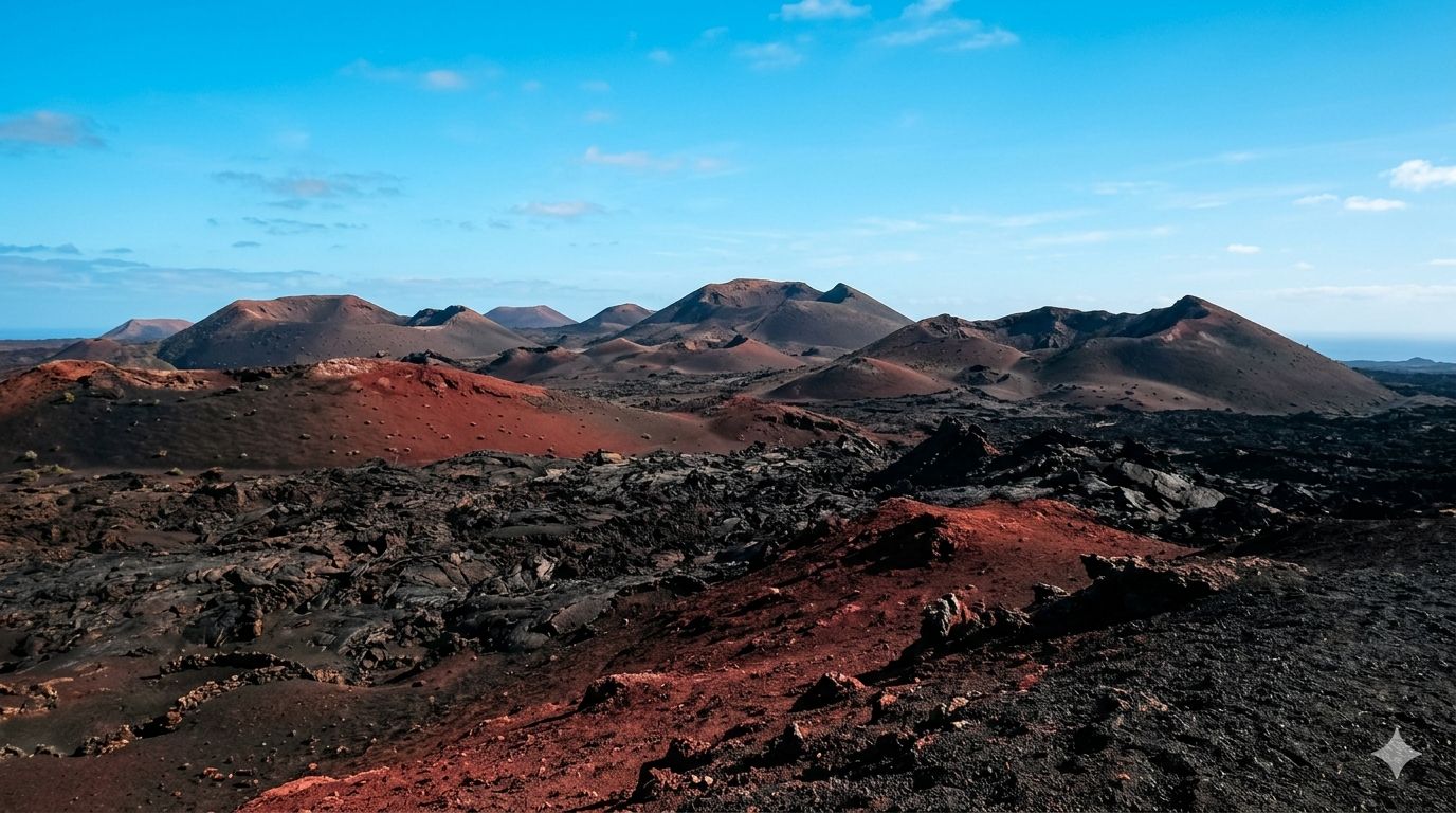 Die beeindruckende, rot-schwarze Vulkanlandschaft des Timanfaya-Nationalparks auf Lanzarote